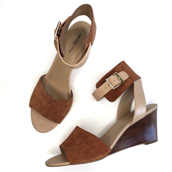 Karl Lagerfeld Amelie Brown Suede Leather Platform Wedge Open Toe Sandals US 9 - Picture 1 of 12